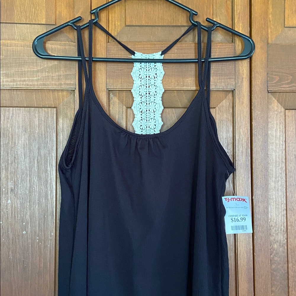 🏷️ BNWT Sheer Black Summer Dress/Cover Up w/Ivory Crochete Back